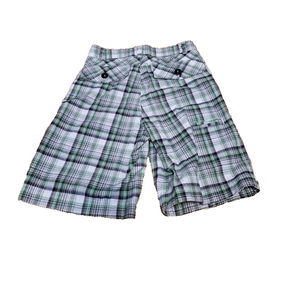 Roadblock Boys Plaid Cargo Shorts Size (5/6) Green Black White Adjustable Waist - Picture 2 of 6